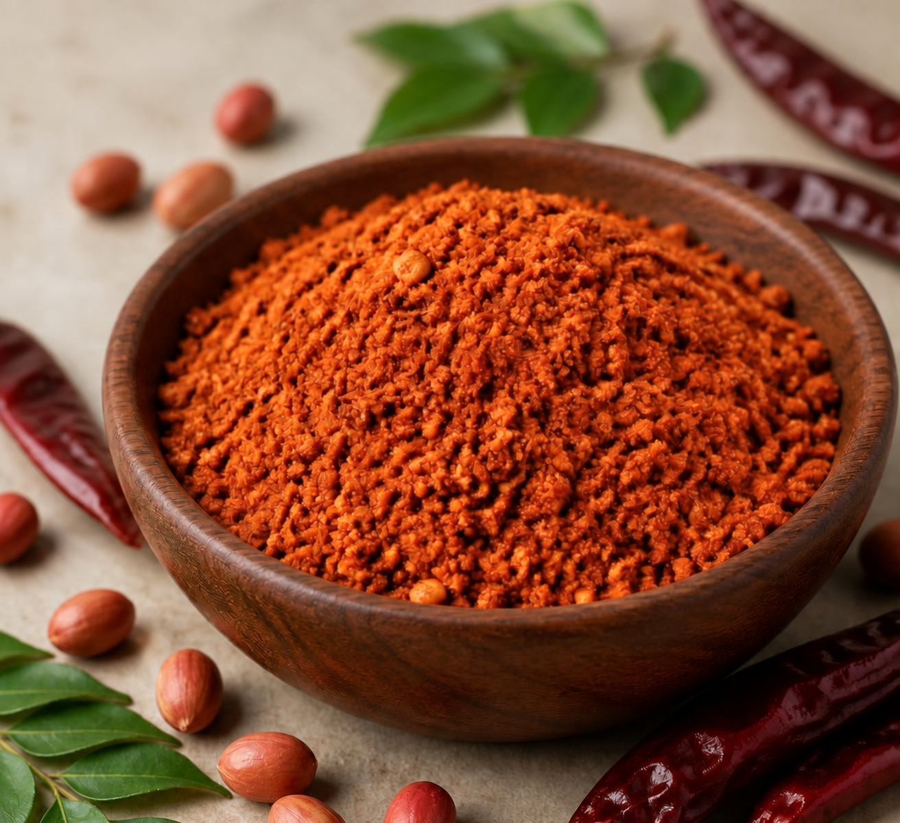 Sanvita peanut chutney powder in a wooden bowl with roasted peanuts and dried red chillies