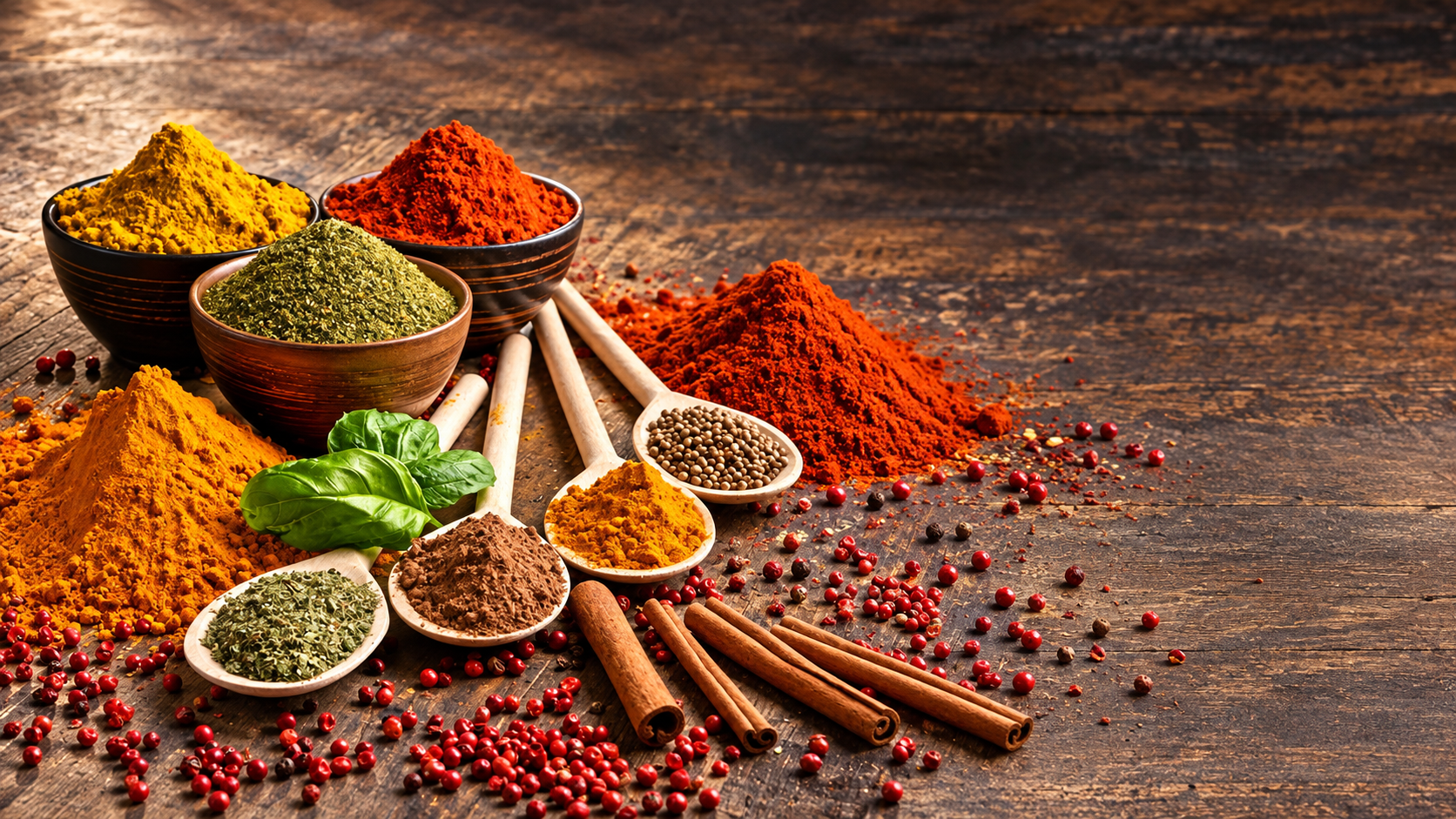 Colorful Indian spices in bowls and spoons