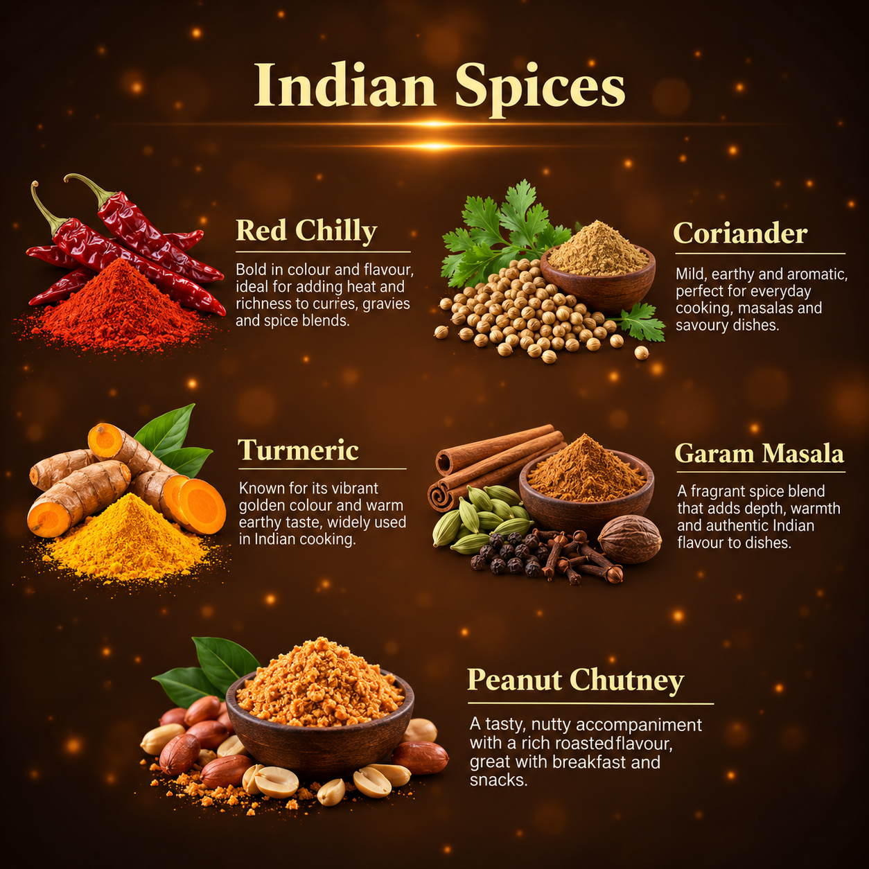 Indian spices arranged around a glowing golden world map with ingredient photography and product descriptions