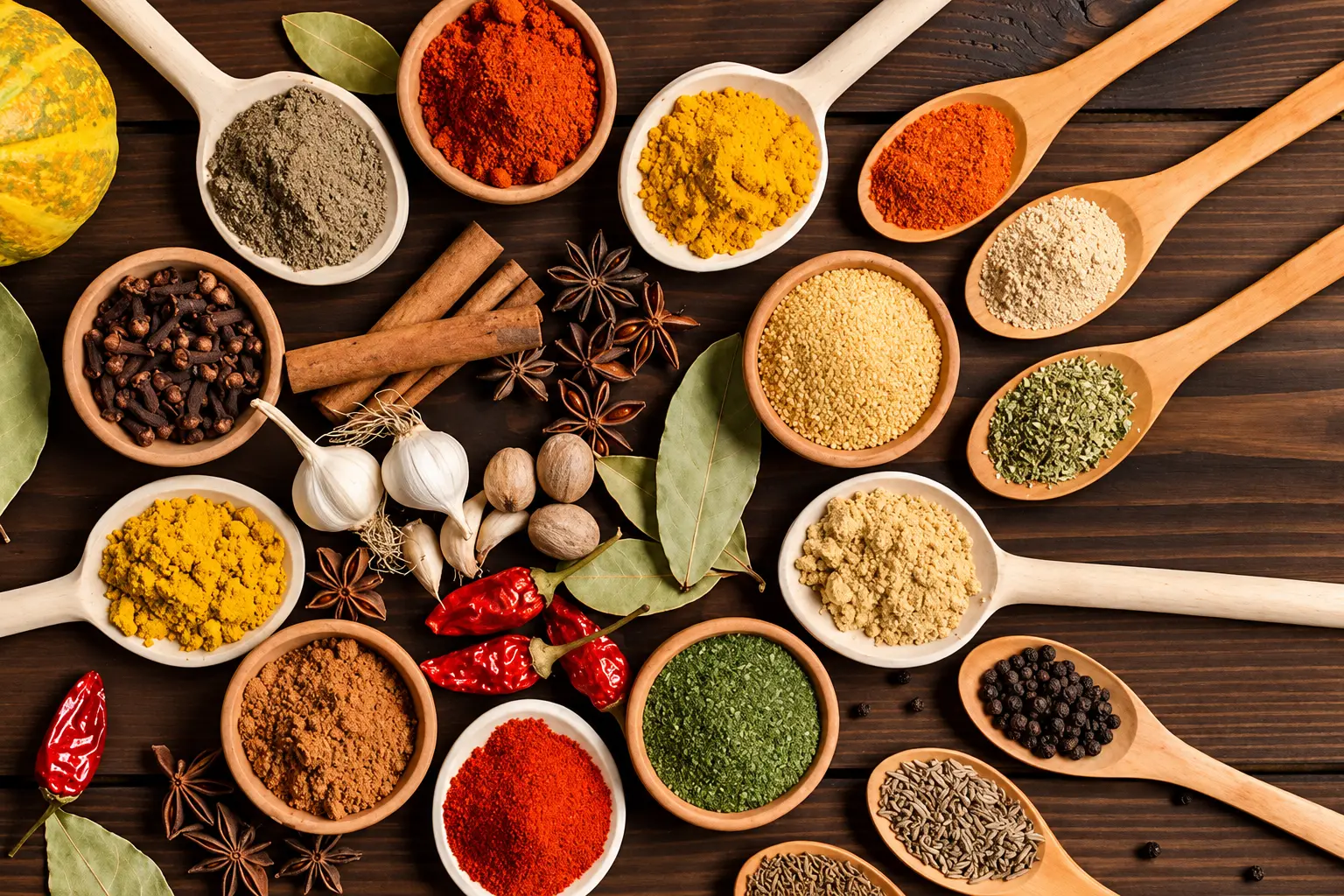 Colourful Indian spices arranged in wooden bowls and spoons on a dark surface