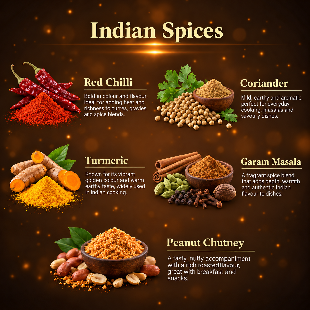 Indian Spices chart showing Red Chilli, Coriander, Turmeric, Garam Masala and Peanut Chutney with descriptions