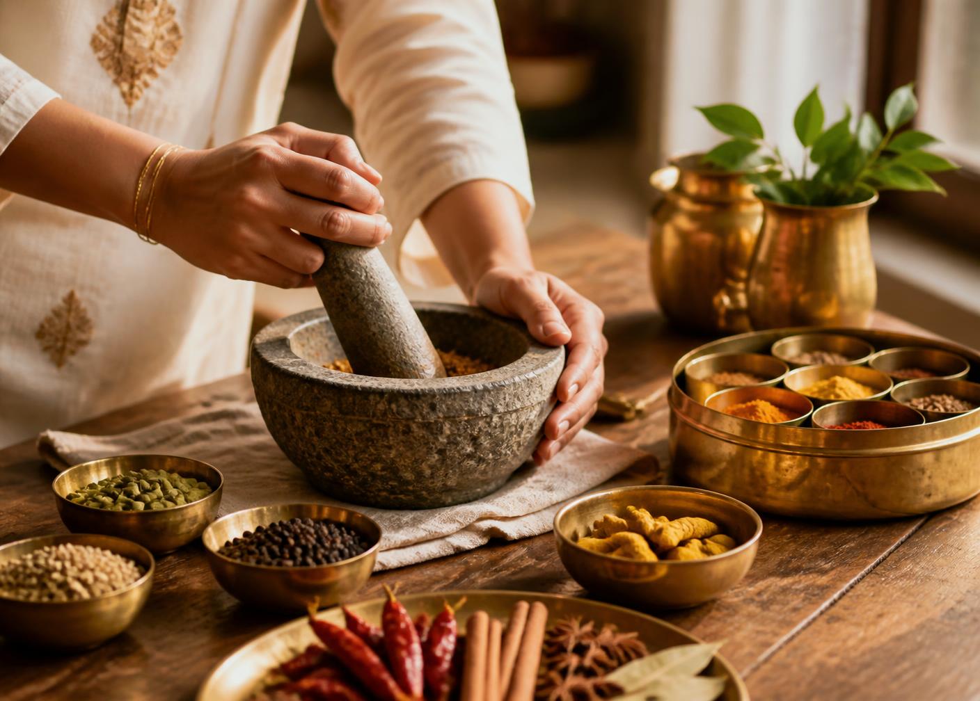 Hands grinding Indian spices with brass bowls on a wooden table