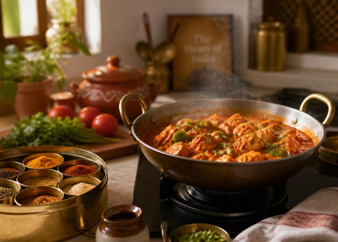 Freshly cooked Indian curry in a pan beside a brass spice box