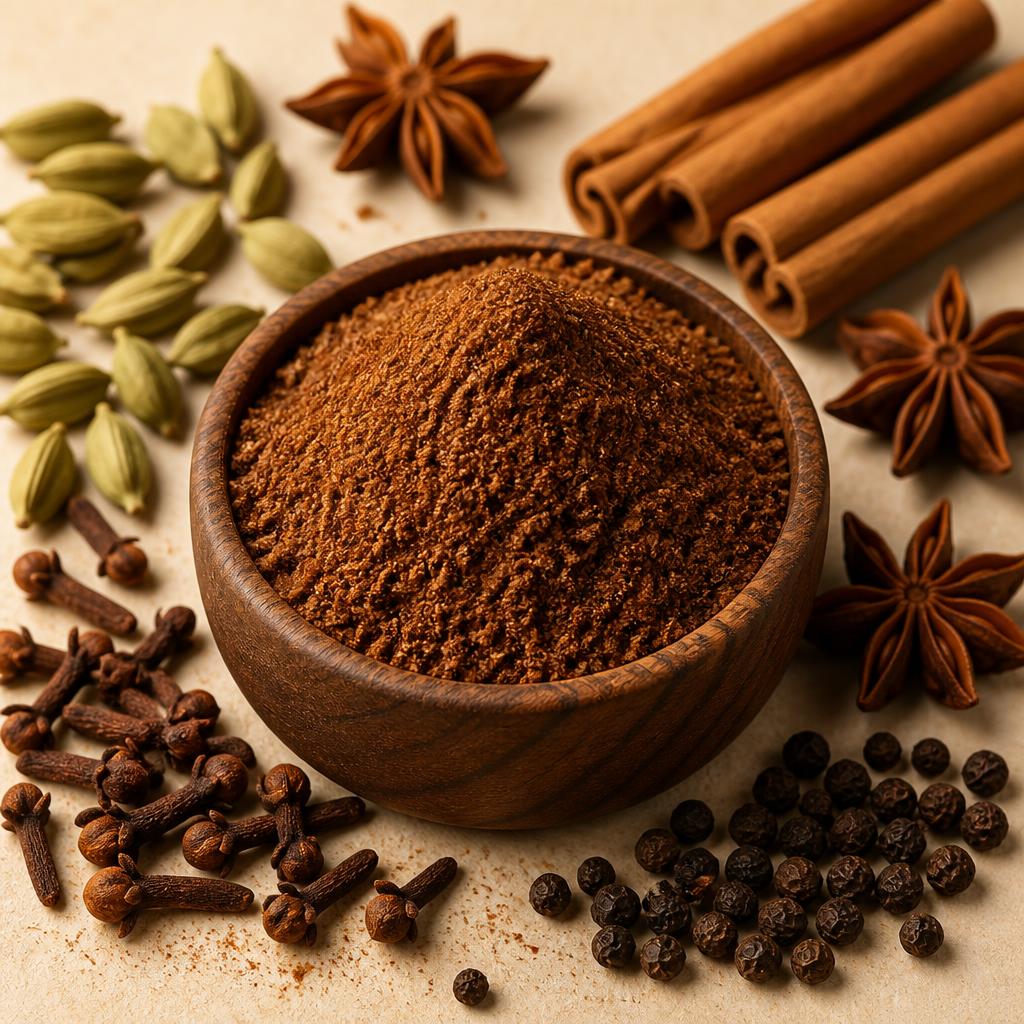 Sanvita garam masala powder in a wooden bowl surrounded by cardamom, cloves, cinnamon and star anise