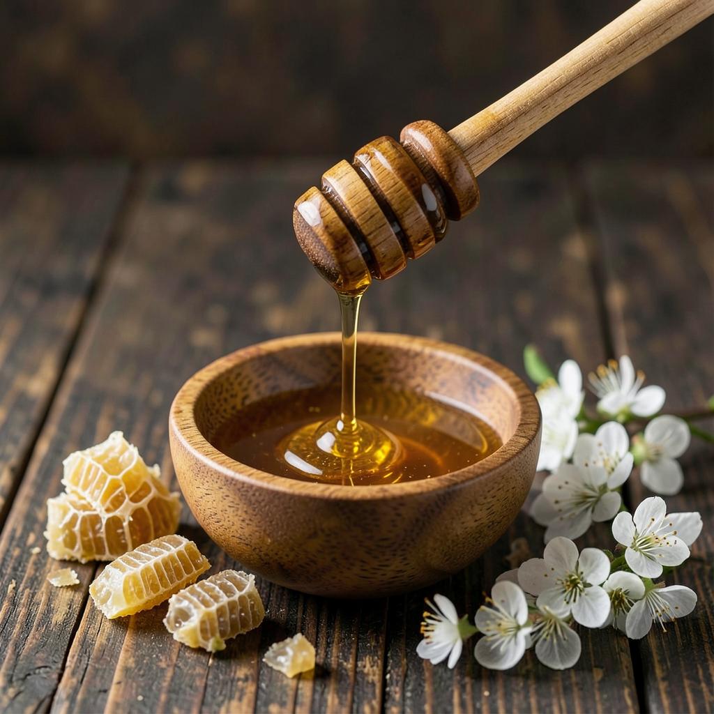 Golden honey in a wooden bowl with a honey dipper, honeycomb pieces and blossoms
