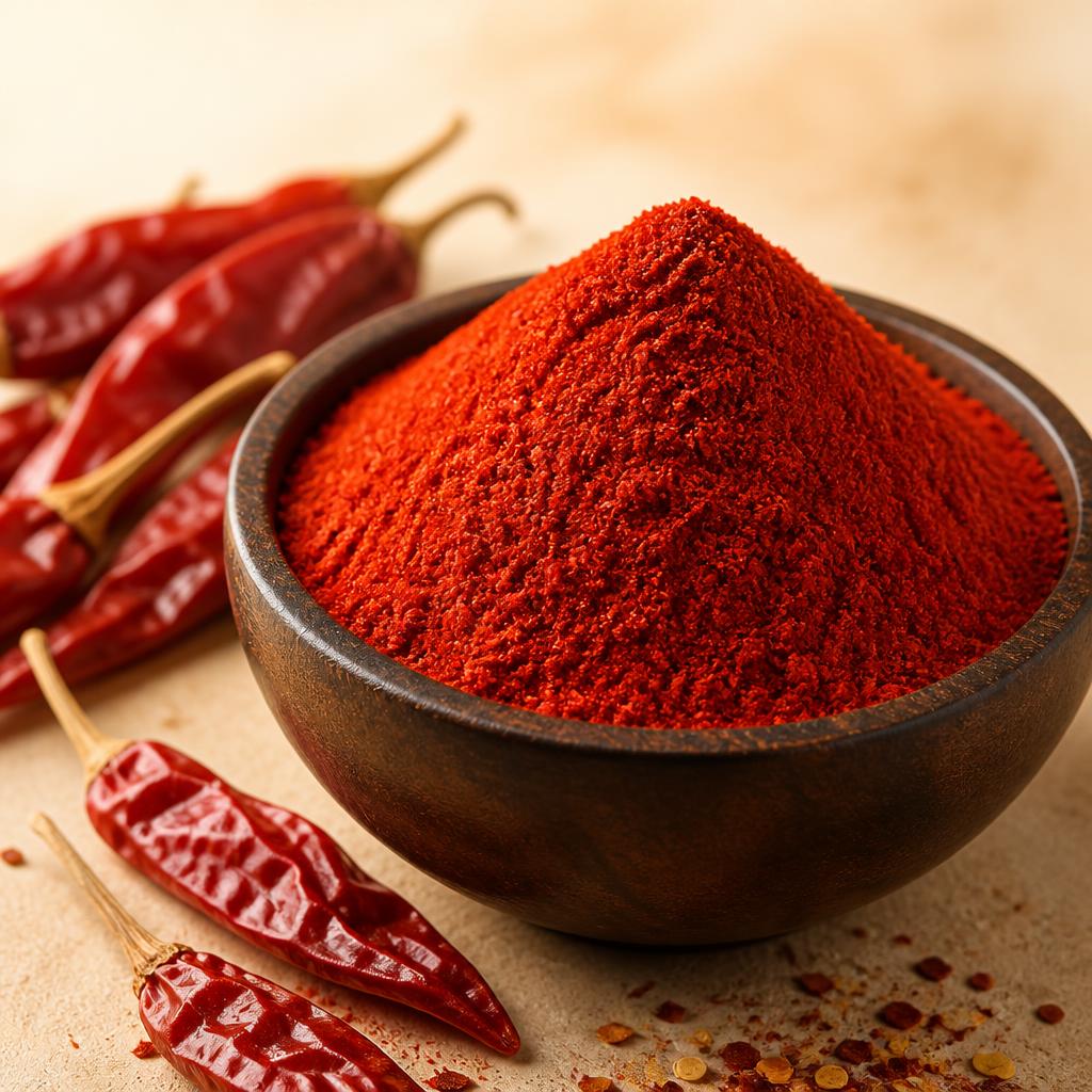Fine deep red Sanvita chilly powder in a wooden bowl beside whole dried red chillies