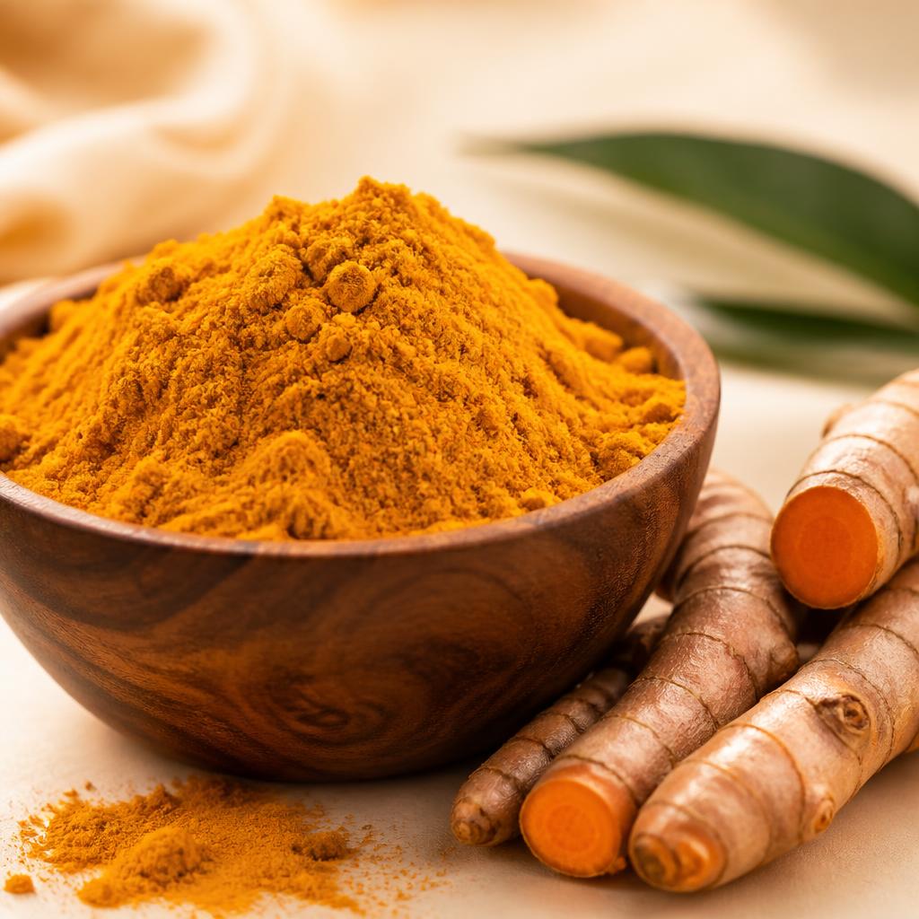 Golden Sanvita turmeric powder in a wooden bowl with fresh turmeric roots beside it