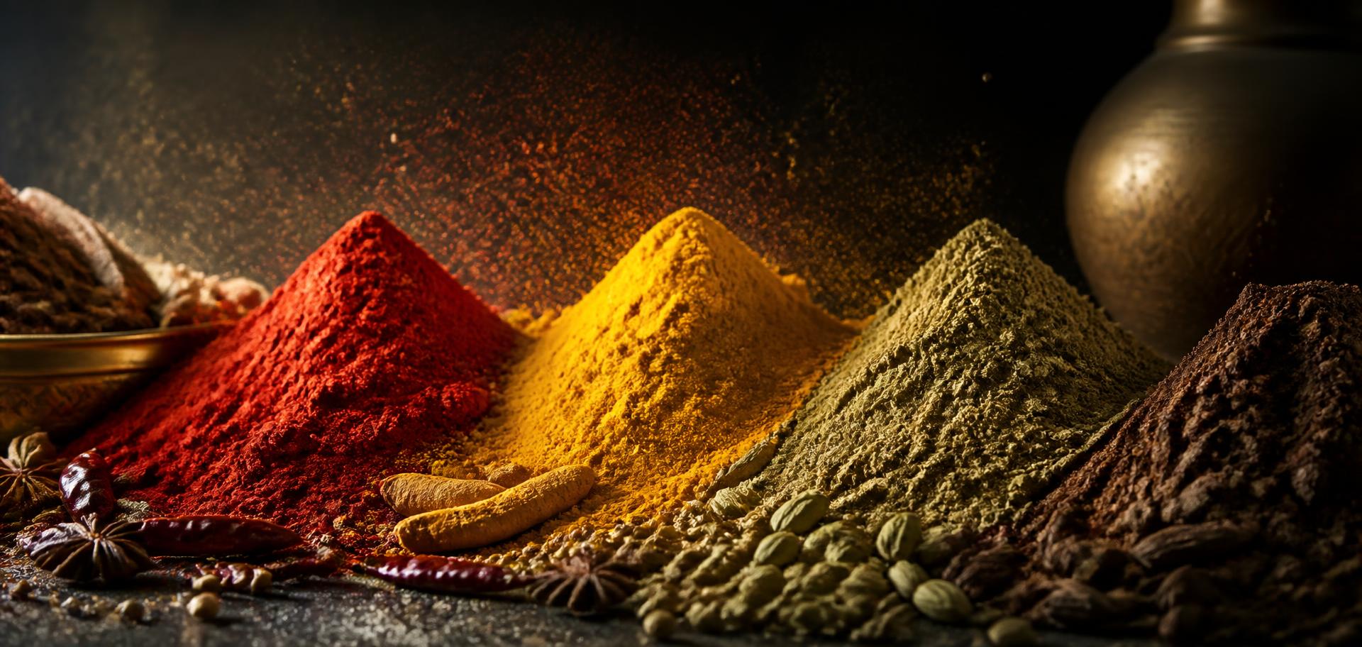 Close-up of red chilli, turmeric, coriander and masala powders side by side